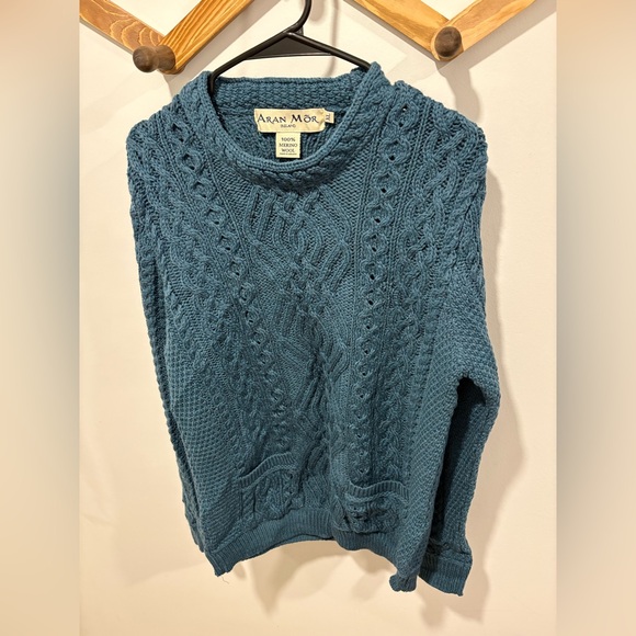 Aran Mor Sweaters - Aran Mor 100% merino wool  -Cable  Crew Neck Sweater with Pockets